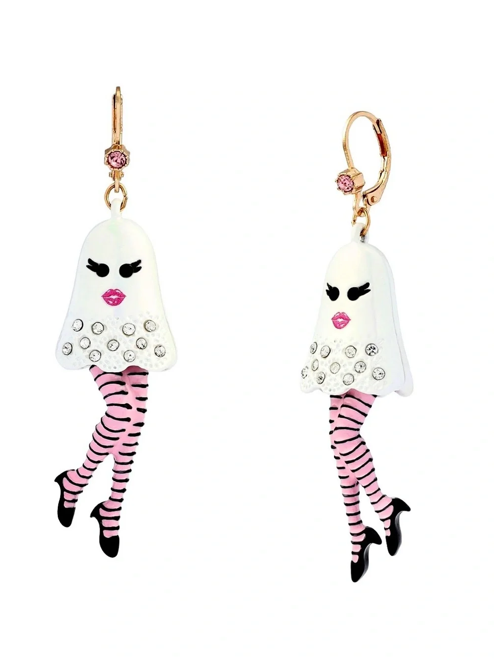 Betsey Johnson Pink & White Ghost Leg Drop Earrings with Crystal Accents